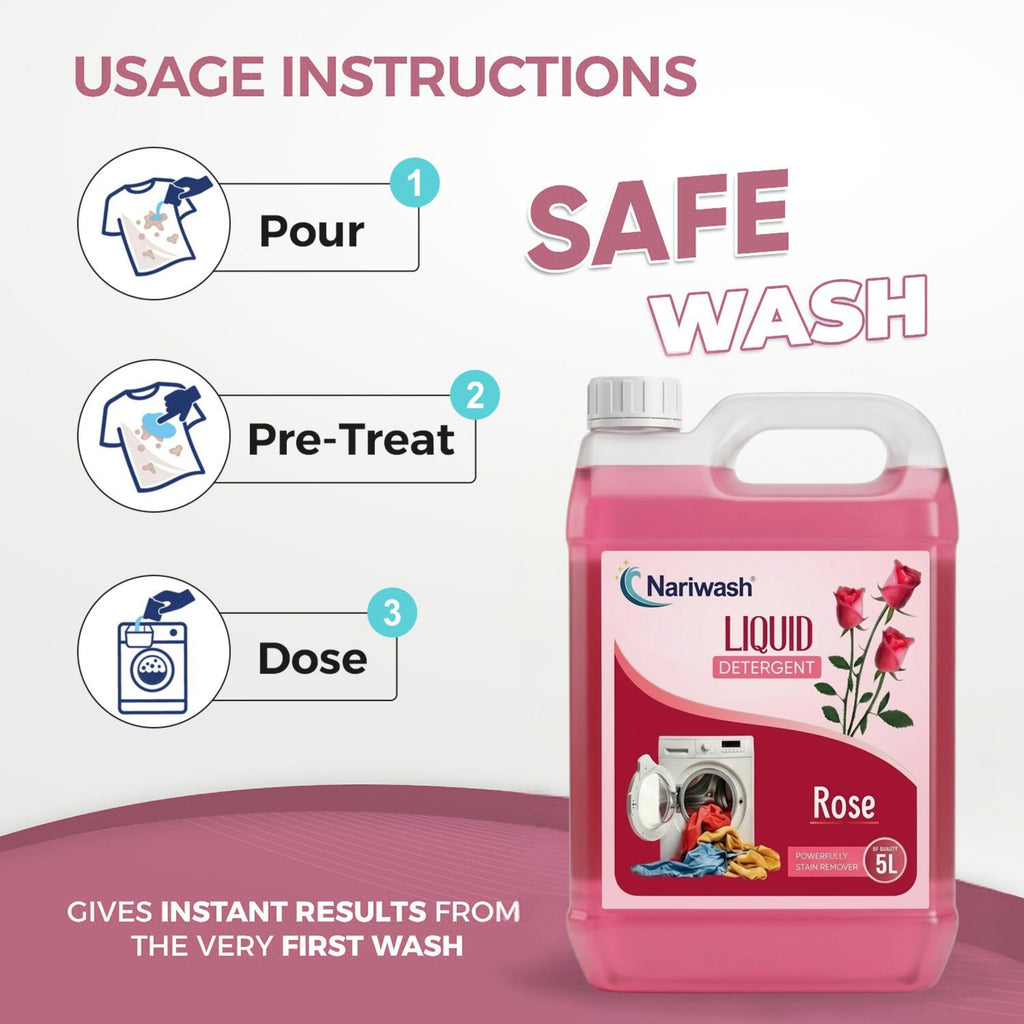 Nariwash Liquid Detergent Rose 5L | Powerfully Stain Remover, Fabric Conditioning & Romantic Floral Fragrance | Front Load, Top Load & Hand Wash Safe