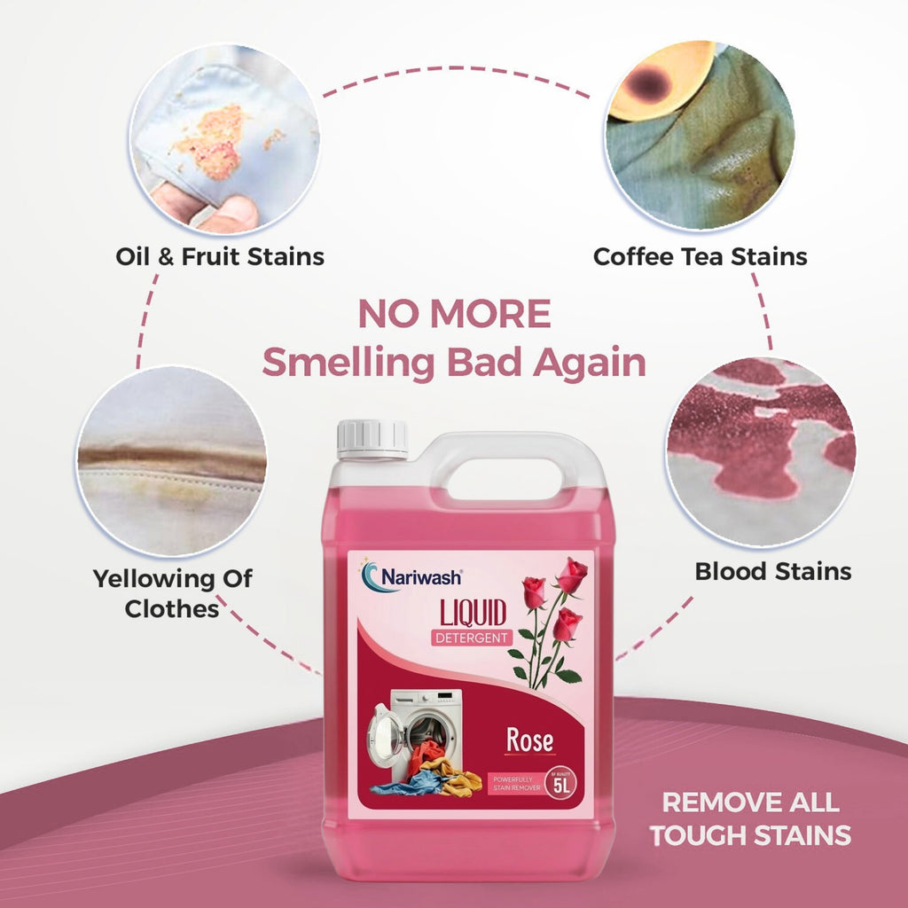 Nariwash Liquid Detergent Rose 5L | Powerfully Stain Remover, Fabric Conditioning & Romantic Floral Fragrance | Front Load, Top Load & Hand Wash Safe