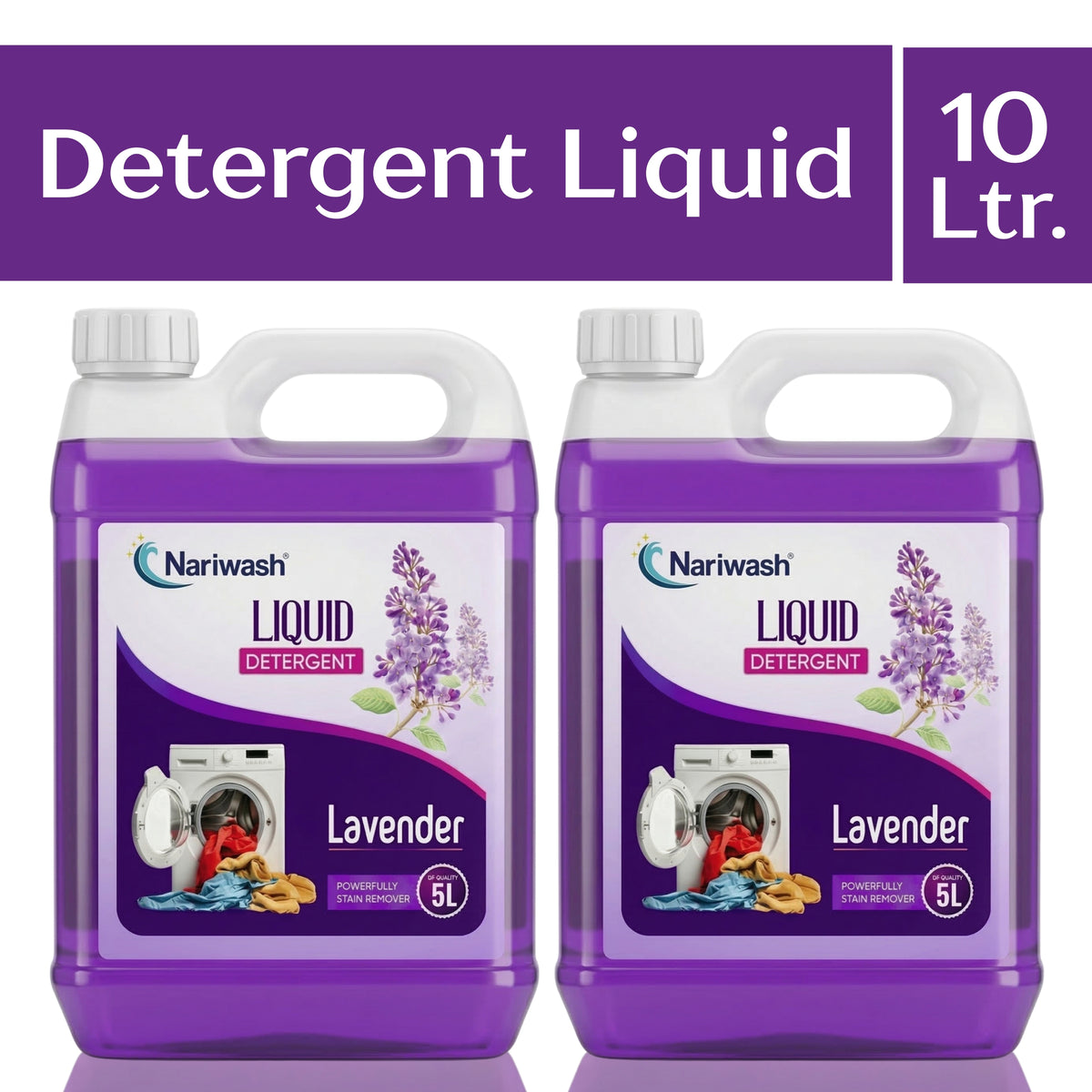 Nariwash Liquid Detergent Lavender 5+5L Combo Pack (10 Litres) | Heavy-Duty Stain Removal, Fabric Care & Fresh Floral Fragrance | Front & Top Load Washing Machine Compatible
