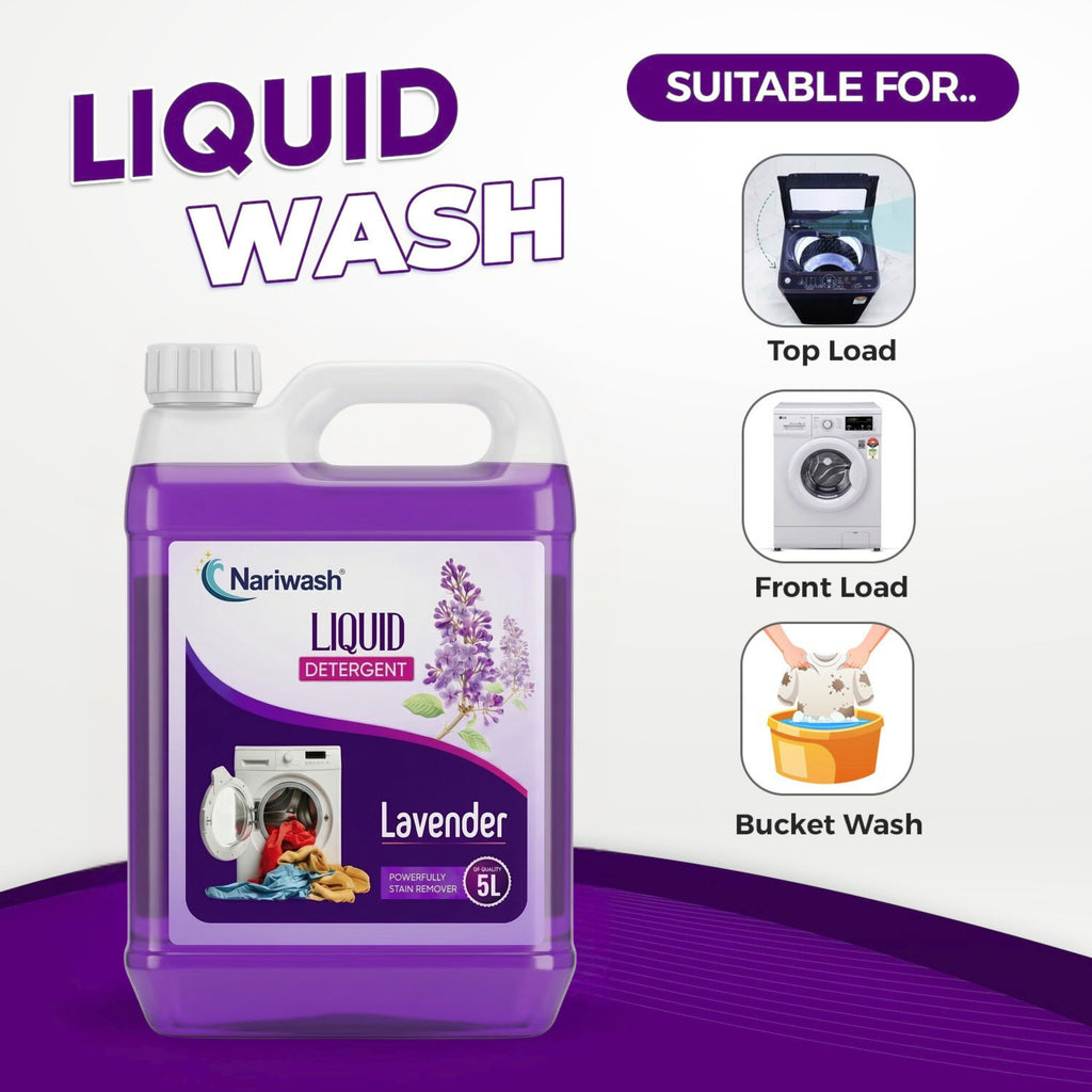 Nariwash Liquid Detergent Lavender 5+5L Combo Pack (10 Litres) | Heavy-Duty Stain Removal, Fabric Care & Fresh Floral Fragrance | Front & Top Load Washing Machine Compatible