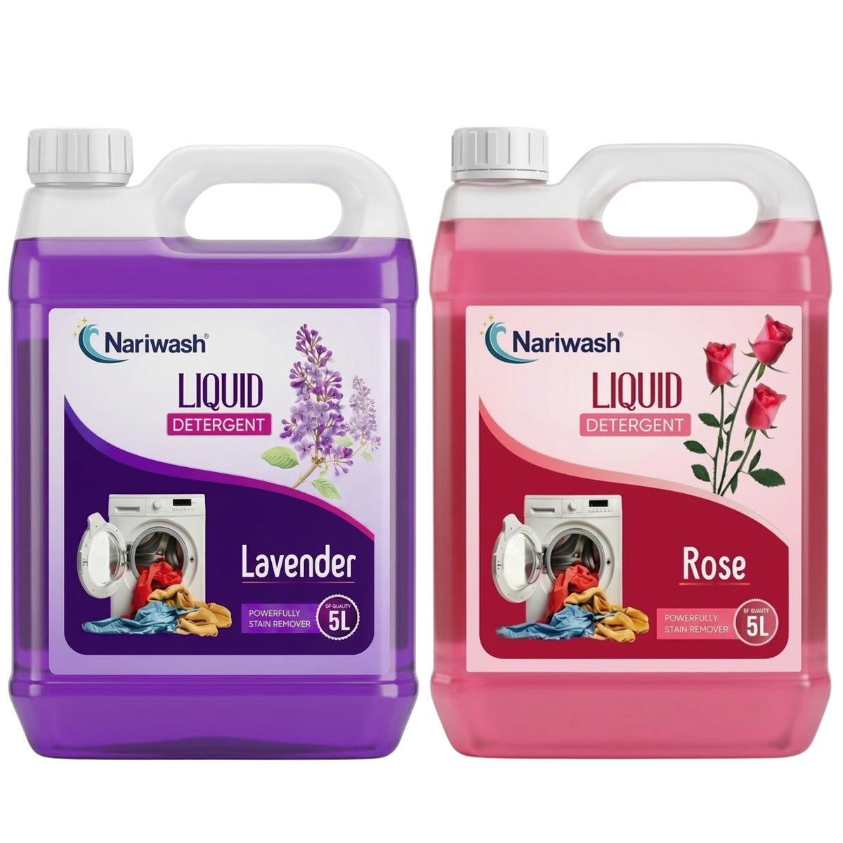 Nariwash Liquid Detergent Mix Combo (10 Litres) - Lavender 5L + Rose 5L | Powerful Stain Removal & Dual Floral Fragrance Pack | Front Load, Top Load & Bucket Wash