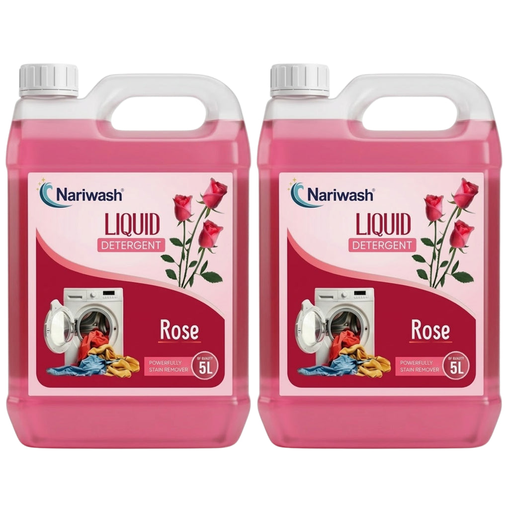 Nariwash Liquid Detergent Rose 5+5L Combo Pack (10 Litres) | Tough Stain Removal, Gentle Fabric Care & Romantic Rose Petal Fragrance | Front & Top Load Compatible