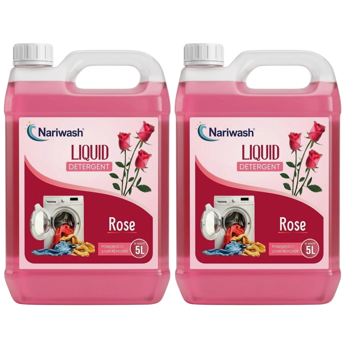 Nariwash Liquid Detergent Rose 5+5L Combo Pack (10 Litres) | Tough Stain Removal, Gentle Fabric Care & Romantic Rose Petal Fragrance | Front & Top Load Compatible