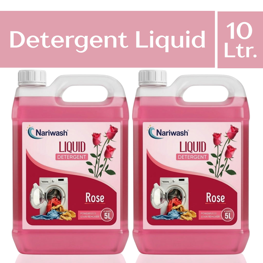 Nariwash Liquid Detergent Rose 5+5L Combo Pack (10 Litres) | Tough Stain Removal, Gentle Fabric Care & Romantic Rose Petal Fragrance | Front & Top Load Compatible