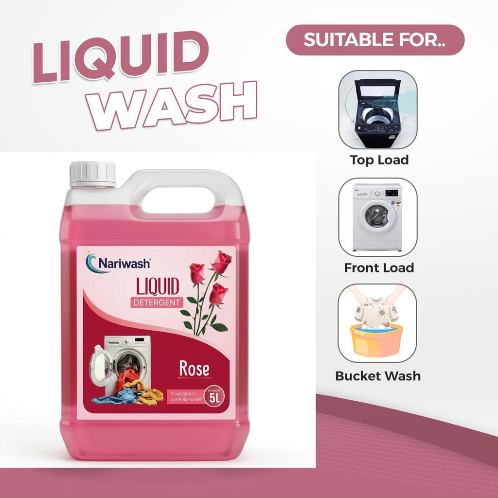 Nariwash Liquid Detergent Rose 5+5L Combo Pack (10 Litres) | Tough Stain Removal, Gentle Fabric Care & Romantic Rose Petal Fragrance | Front & Top Load Compatible