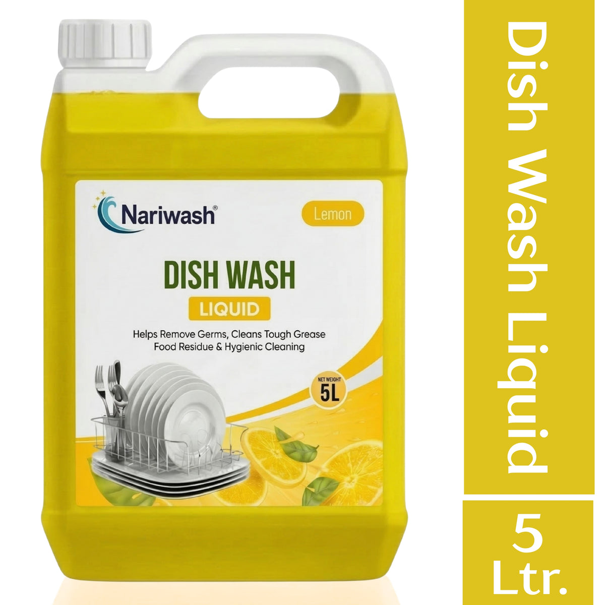 Nariwash Liquid Dish Wash Lemon 5L | Powerful Grease Cutting, Germ Removal & Lemon Fresh Fragrance | Safe on Hands for All Utensils, Pots & Pans