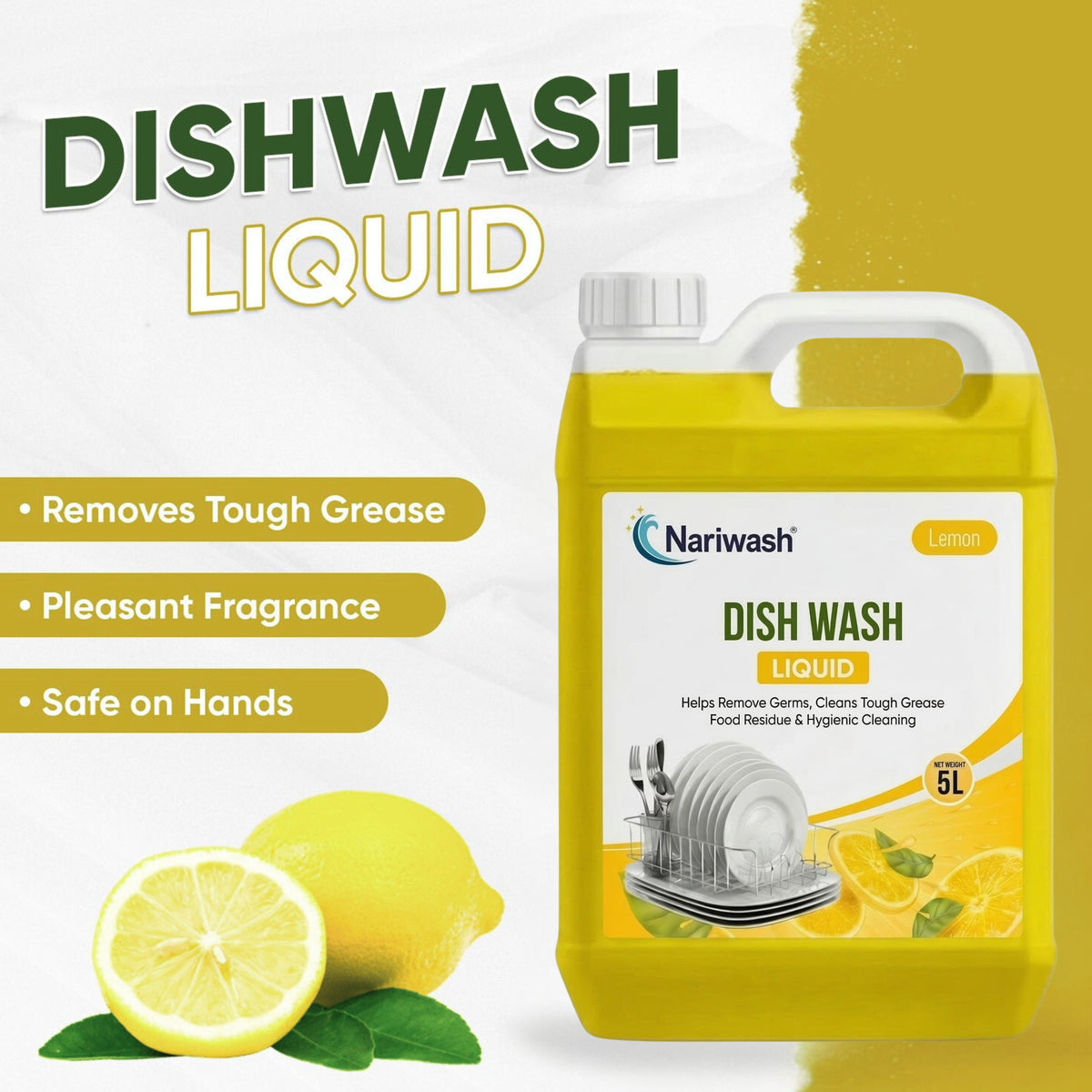 Nariwash Liquid Dish Wash Lemon 5L | Powerful Grease Cutting, Germ Removal & Lemon Fresh Fragrance | Safe on Hands for All Utensils, Pots & Pans