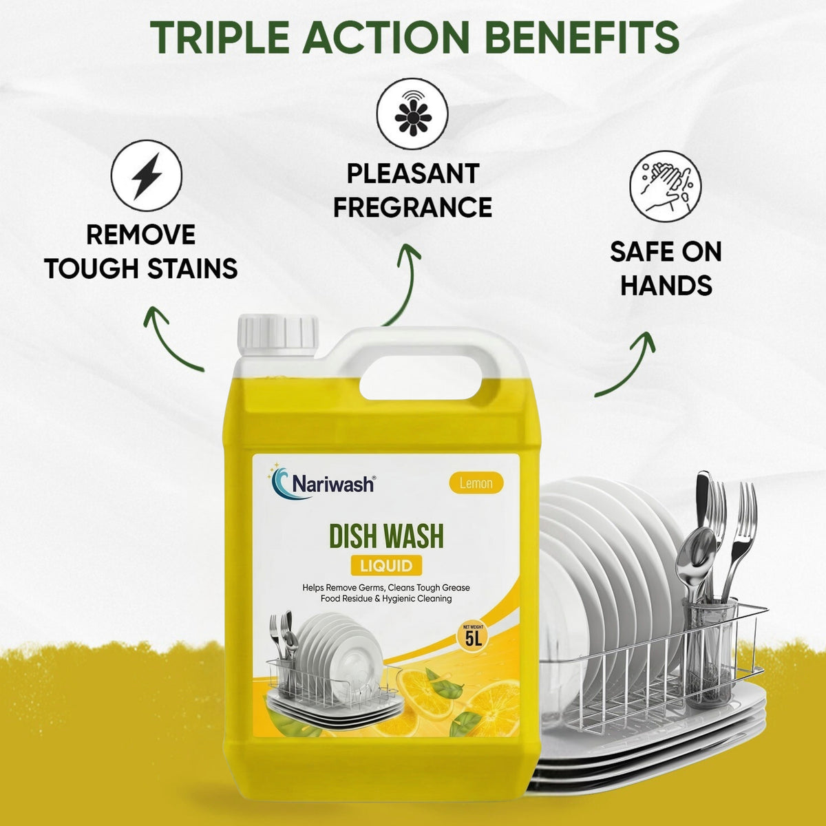 Nariwash Liquid Dish Wash Lemon 5L | Powerful Grease Cutting, Germ Removal & Lemon Fresh Fragrance | Safe on Hands for All Utensils, Pots & Pans