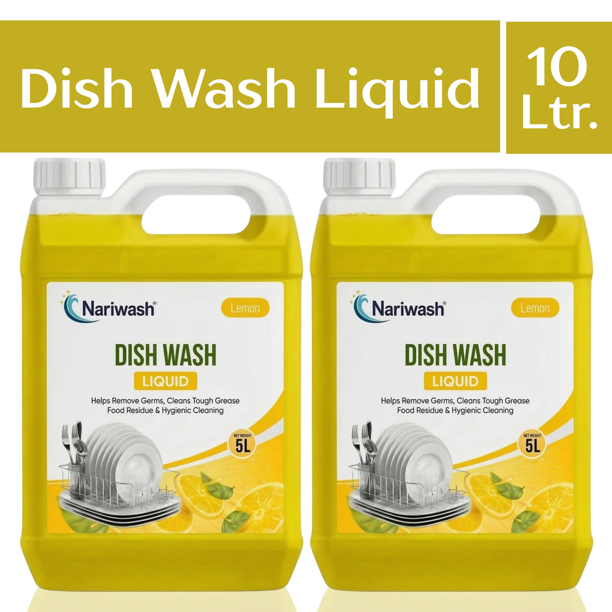 Nariwash Liquid Dish Wash Lemon 5+5L Combo Pack (10 Litres) | Heavy-Duty Grease Cutter, Germ Protection & Citrus Fragrance | Gentle on Hands, Sparkling Shine on All Utensils