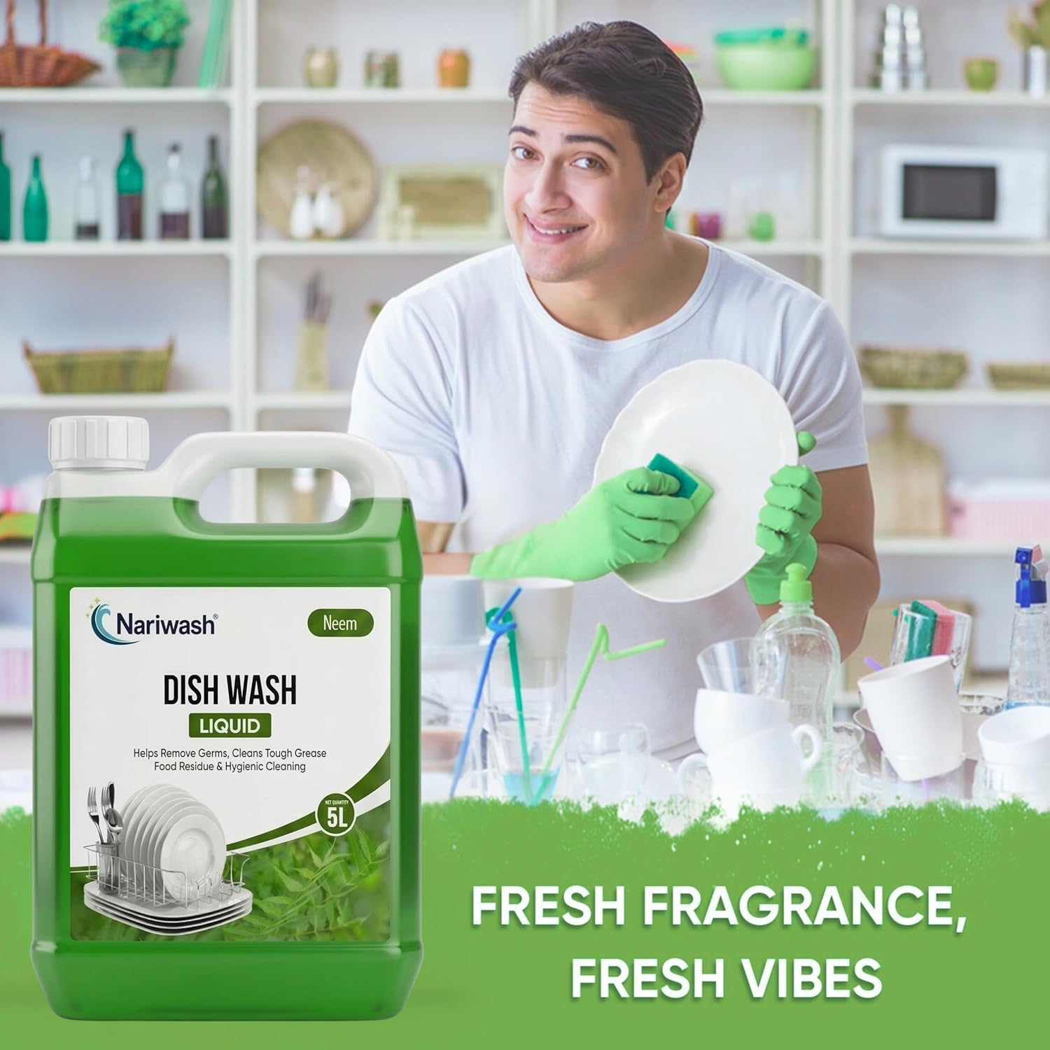 Dish Washing Liquid Pack of 2 and (10L Each) – 2X Faster Grease Removal, Gentle on Hands, Fresh Fragrance (Neem+Neem)