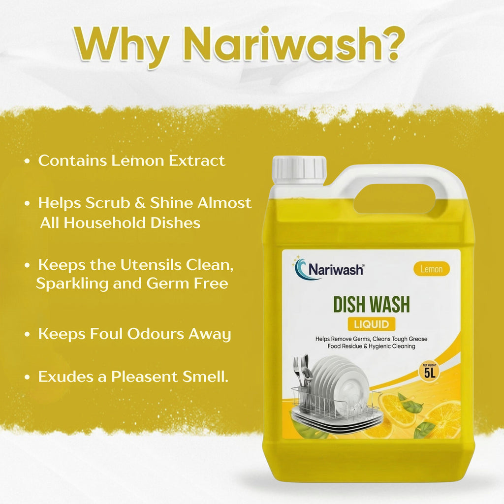 Nariwash Liquid Dish Wash Lemon 5+5L Combo Pack (10 Litres) | Heavy-Duty Grease Cutter, Germ Protection & Citrus Fragrance | Gentle on Hands, Sparkling Shine on All Utensils